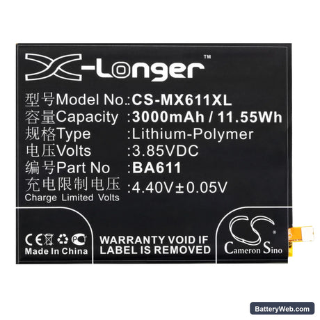 MeiZu M5 Replacement Battery, 3.85V, 3000mAh, Li-Polymer 3