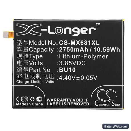 Meilan U10 Replacement Battery, 3.85V, 2750mAh, Li-Polymer 3