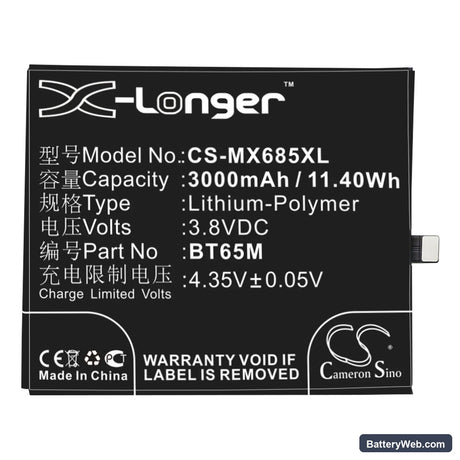 MeiZu MX6 Replacement Battery, 3.8V, 3000mAh, Li-Polymer 3