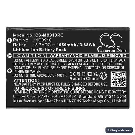 URC MX-810 Replacement Battery, 3.7V, 1050mAh, Li-ion 3