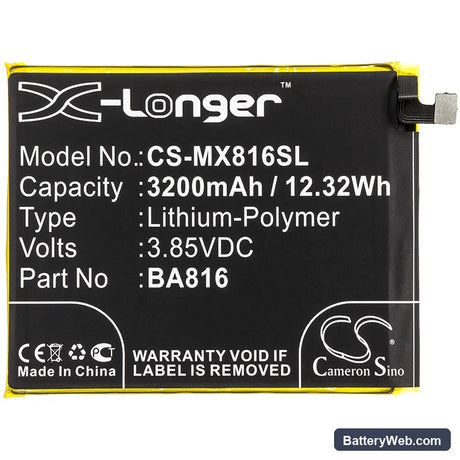 MeiZu V8 Replacement Battery, 3.85V, 3200mAh, Li-Polymer 3