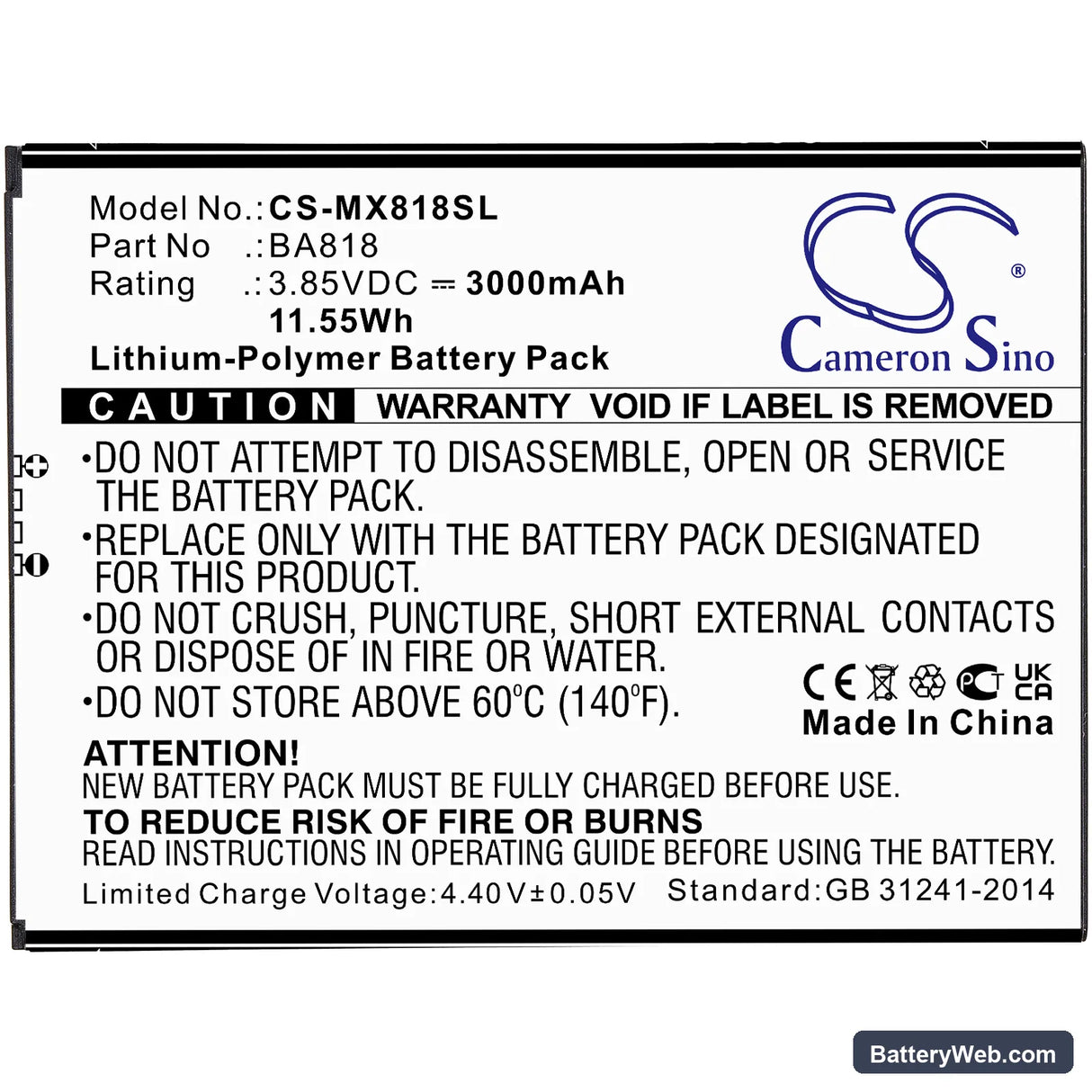 MeiZu C9 Replacement Battery, 3.85V, 3000mAh, Li-Polymer 3