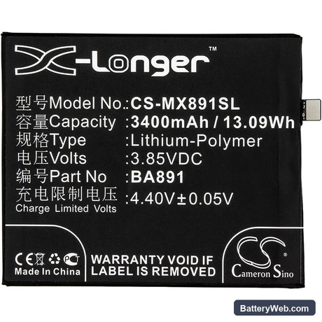 MeiZu 15 Plus Replacement Battery, 3.85V, 3400mAh, Li-Polymer 3