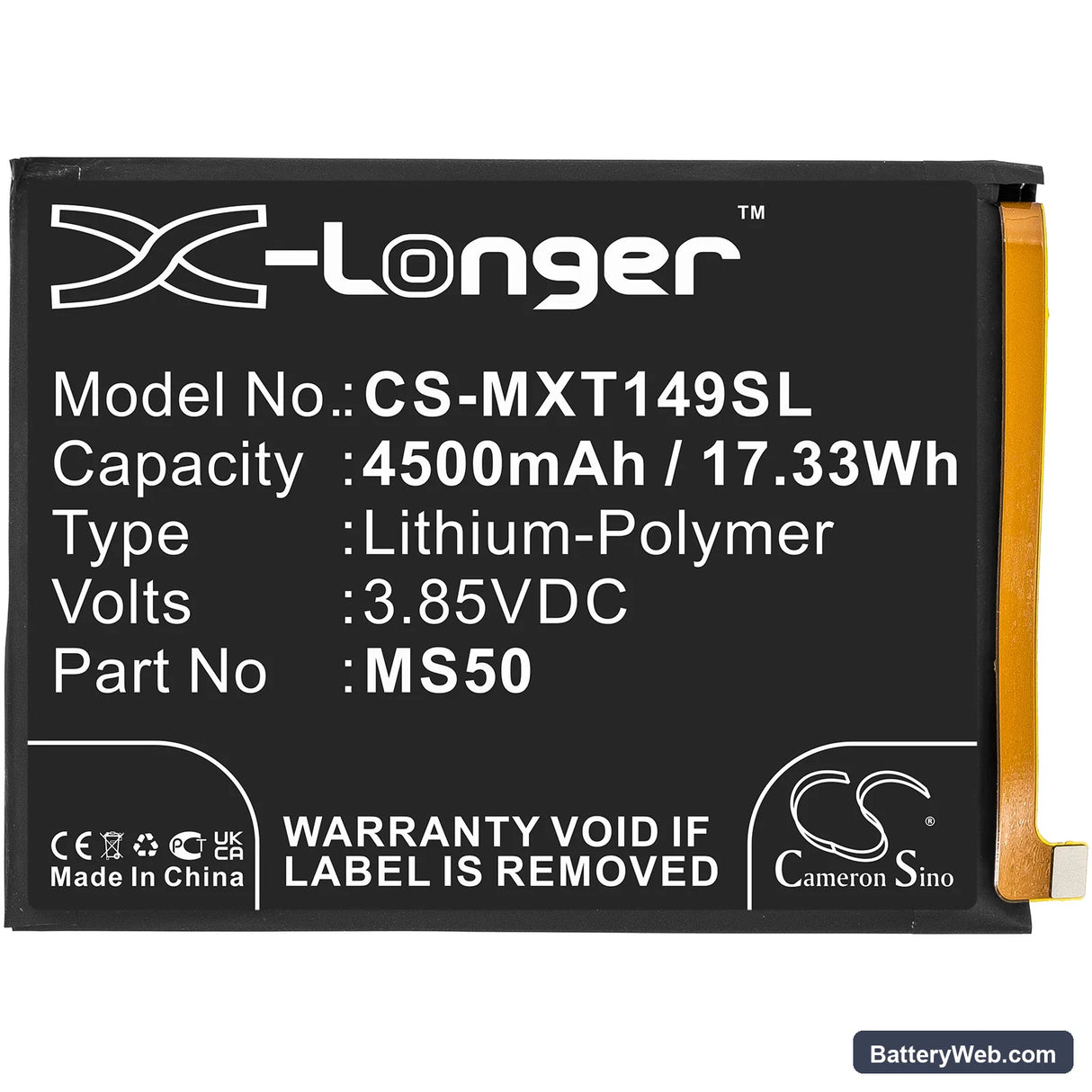 Motorola Moto G50 5G Replacement Battery, 3.85V, 4500mAh, Li-Polymer 3