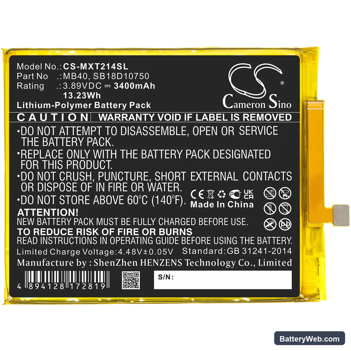 Motorola Moto Edge 20 5G Replacement Battery, 3.89V, 3400mAh, Li-Polymer 3