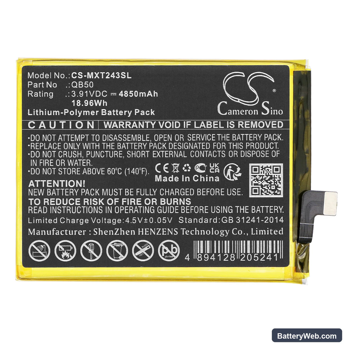 Motorola XT2347 Replacement Battery, 3.91V, 4850mAh, Li-Polymer 3