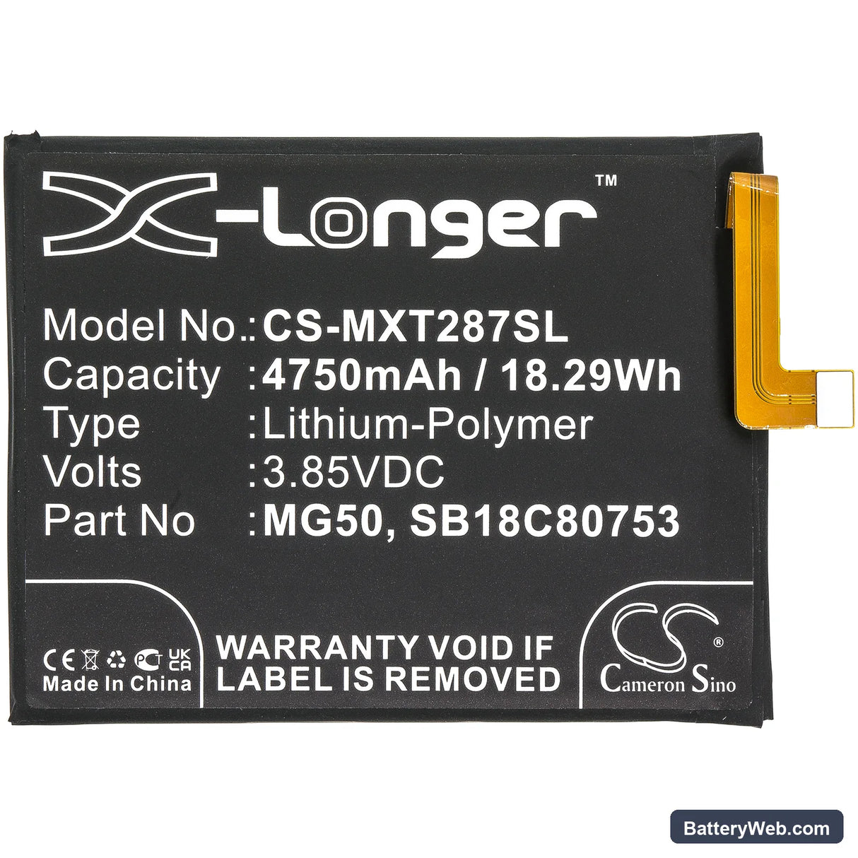 Motorola Moto G9 Plus Replacement Battery, 3.85V, 4750mAh, Li-Polymer 3