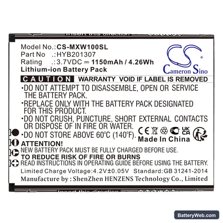 Budget Mobile MXW1 Replacement Battery, 3.7V, 1150mAh, Li-ion 3
