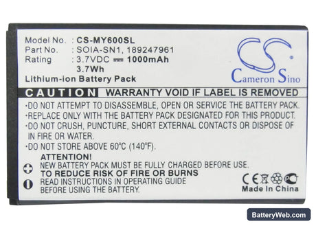 Sagem MY600x Replacement Battery, 3.7V, 1000mAh, Li-ion 5