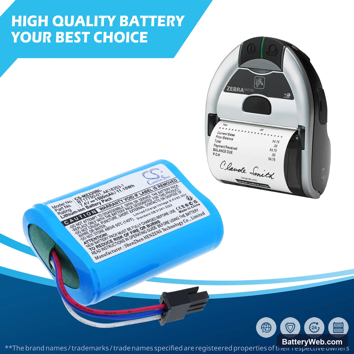 Zebra IMZ320 Replacement Battery, 7.4V, 1500mAh, Li-ion 6
