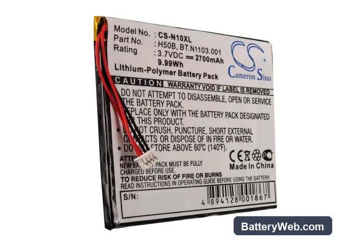 Acer N10 Replacement Battery, 3.7V, 2700mAh, Li-Polymer 5