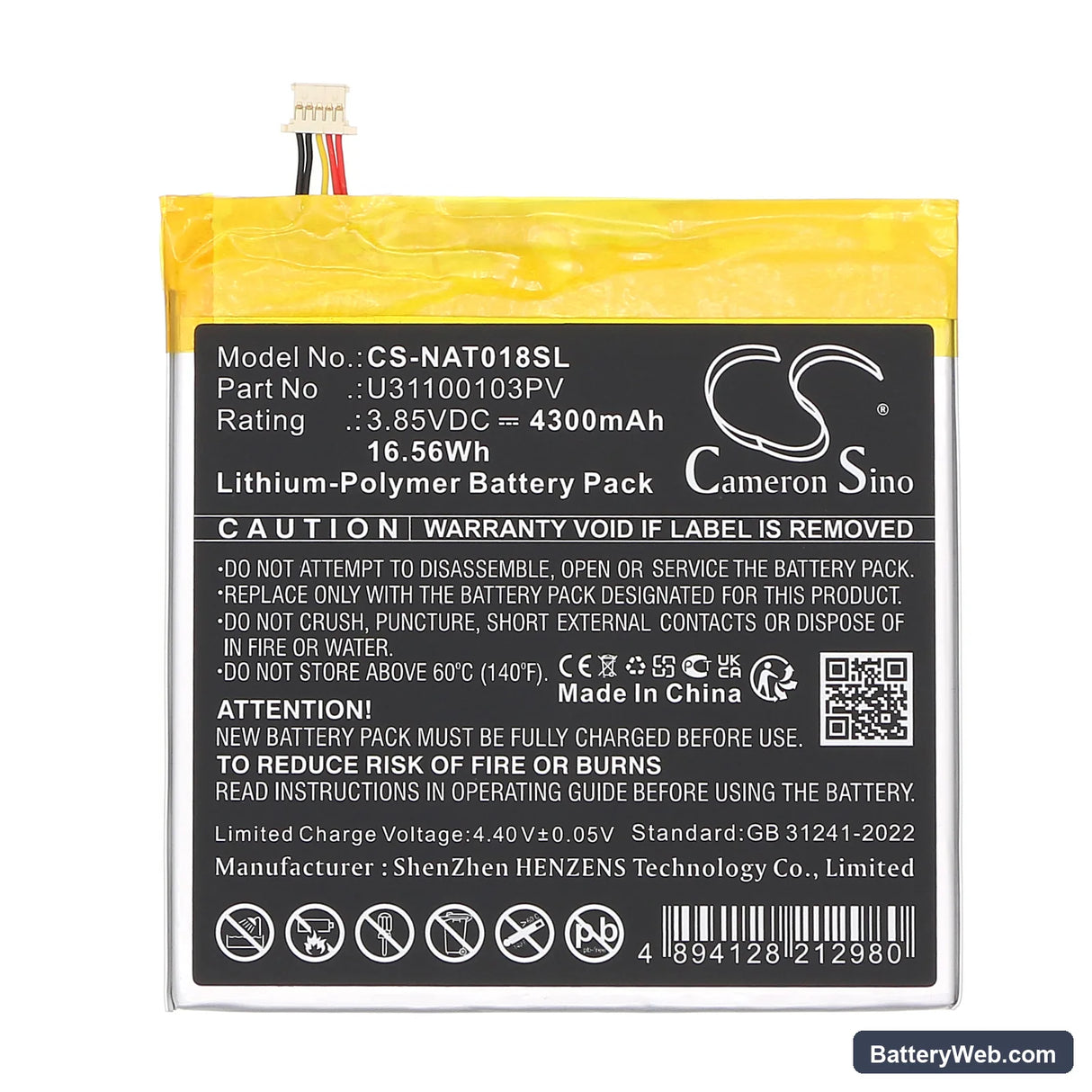 ONN 100044018G Replacement Battery, 3.85V, 4300mAh, Li-Polymer 3
