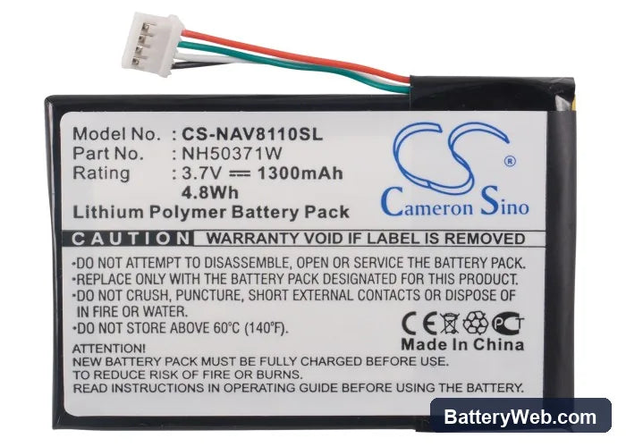 Navigon 81xx Replacement Battery, 3.7V, 1300mAh, Li-Polymer 6