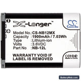 Canon PowerShot N100 Replacement Battery, 3.6V, 1900mAh, Li-ion 5
