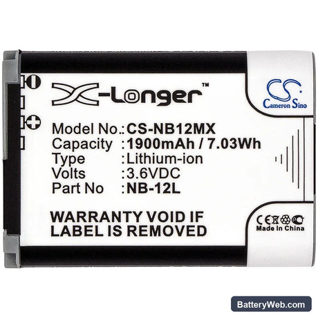 Canon PowerShot N100 Replacement Battery, 3.6V, 1900mAh, Li-ion 5