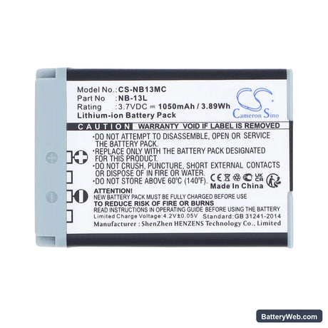 Canon PowerShot G5 X Replacement Battery, 3.7V, 1050mAh, Li-ion 5