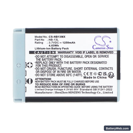 Canon PowerShot G5 X Replacement Battery, 3.7V, 1250mAh, Li-ion 5