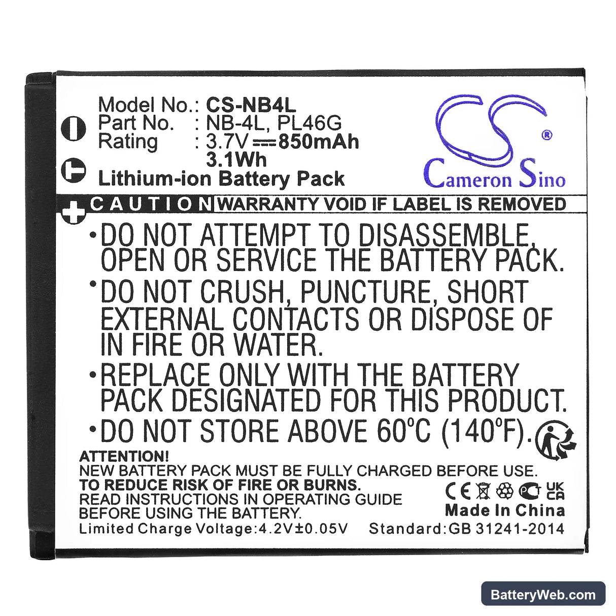 Canon Digital IXUS 100 IS Replacement Battery, 3.7V, 850mAh, Li-ion 3