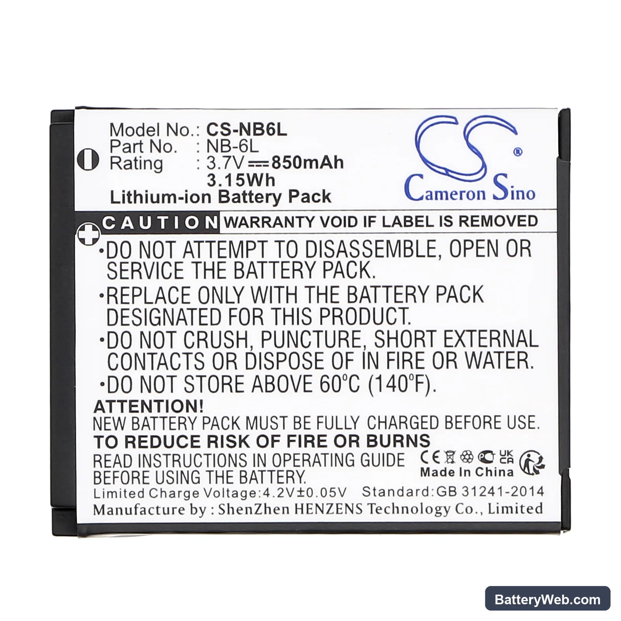 Canon Digital IXUS 200 IS Replacement Battery, 3.7V, 850mAh, Li-ion 3