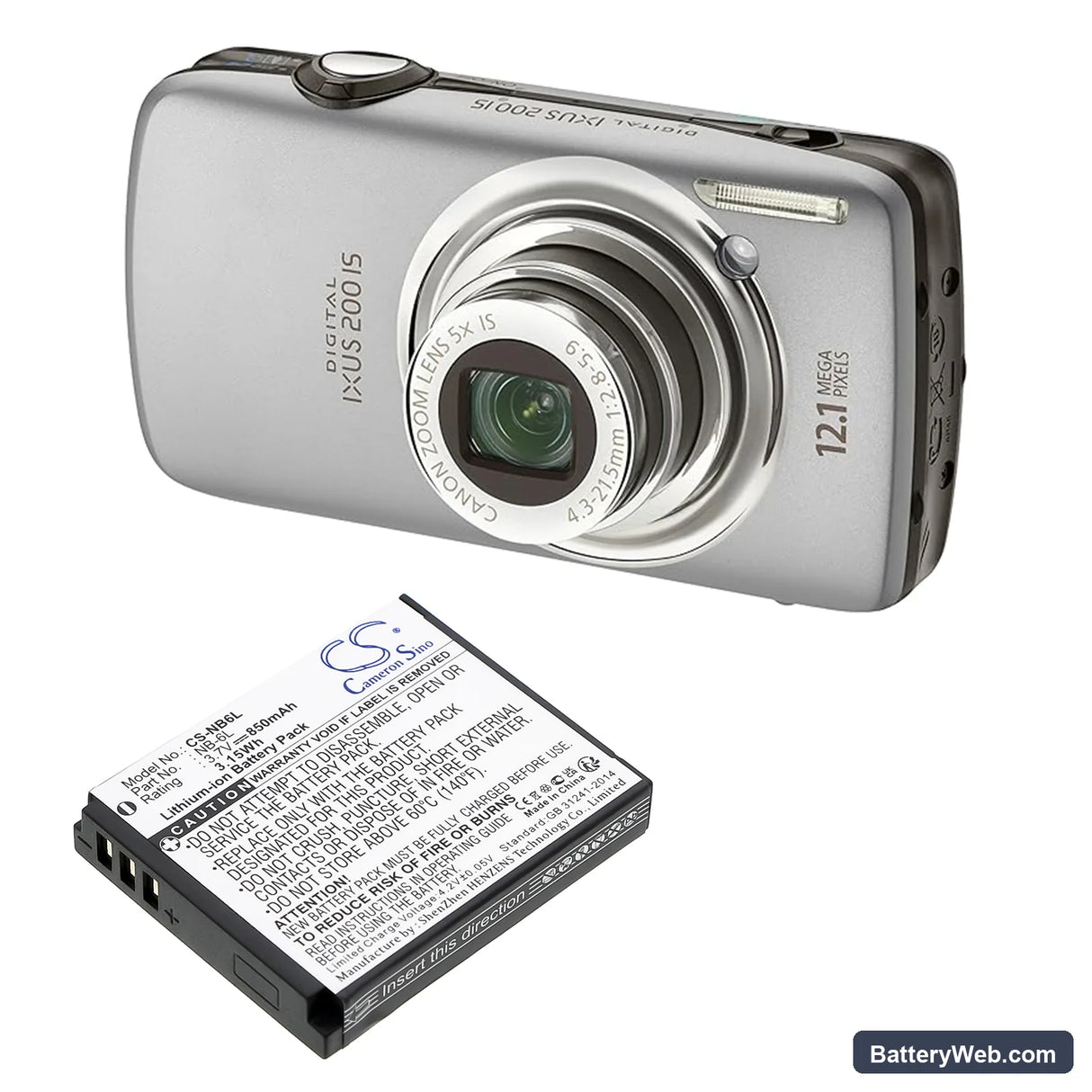 Canon Digital IXUS 200 IS Replacement Battery, 3.7V, 850mAh, Li-ion 4