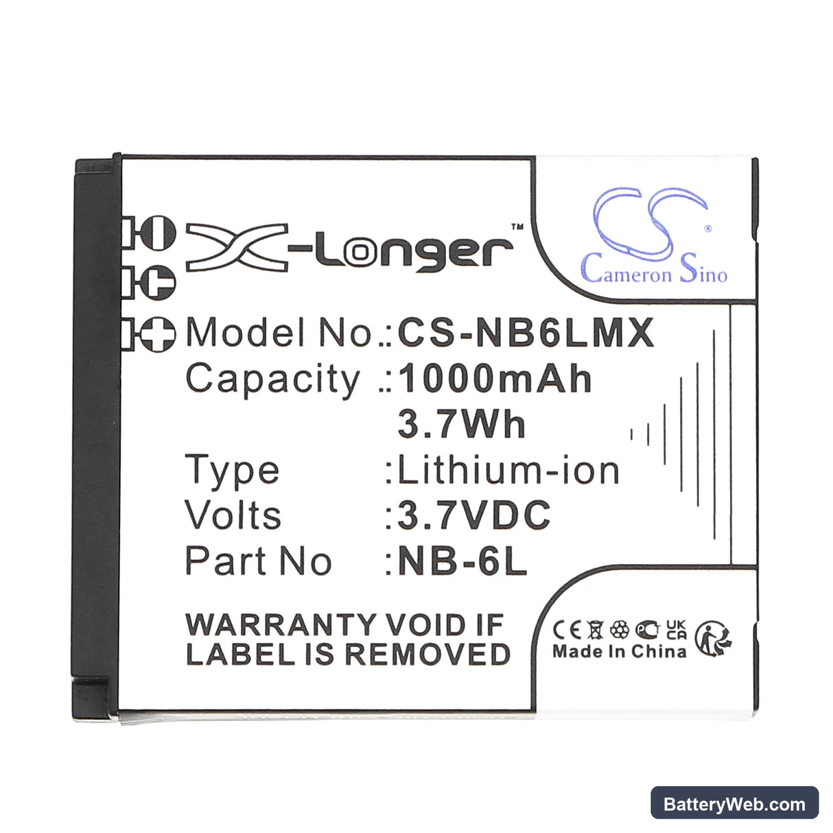 Canon Digital IXUS 200 IS Replacement Battery, 3.7V, 1000mAh, Li-ion 3
