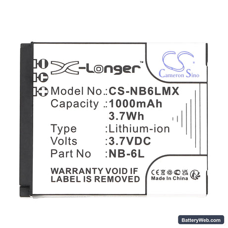 Canon Digital IXUS 200 IS Replacement Battery, 3.7V, 1000mAh, Li-ion 3