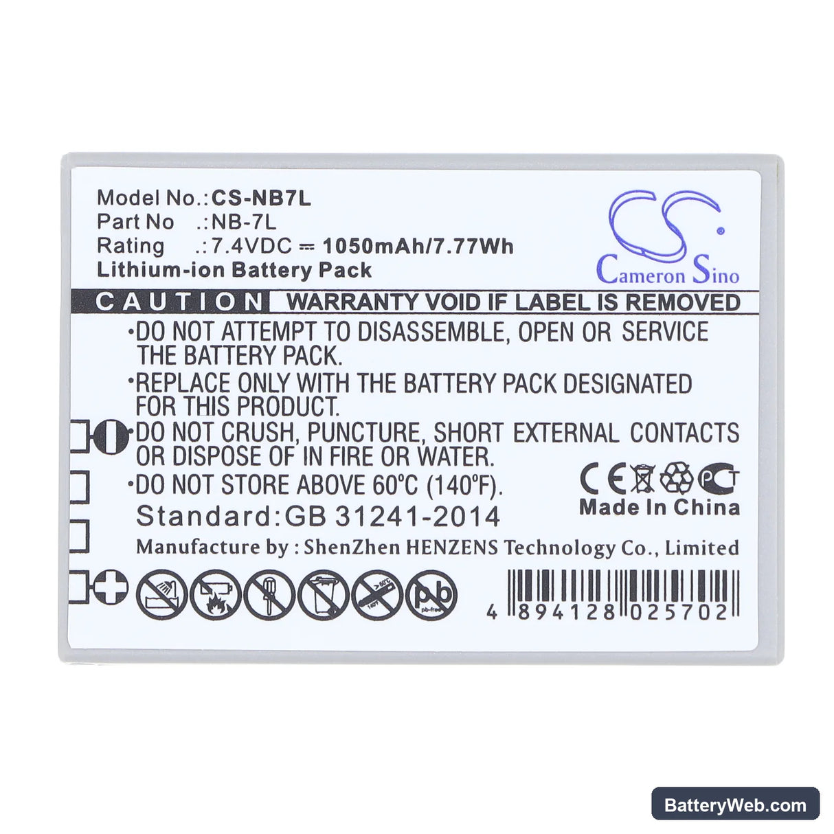 Canon PowerShot G10 Replacement Battery, 7.4V, 1050mAh, Li-ion 5