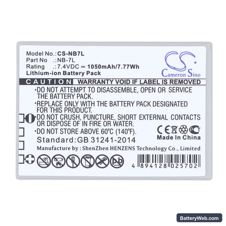 Canon PowerShot G10 Replacement Battery, 7.4V, 1050mAh, Li-ion 5