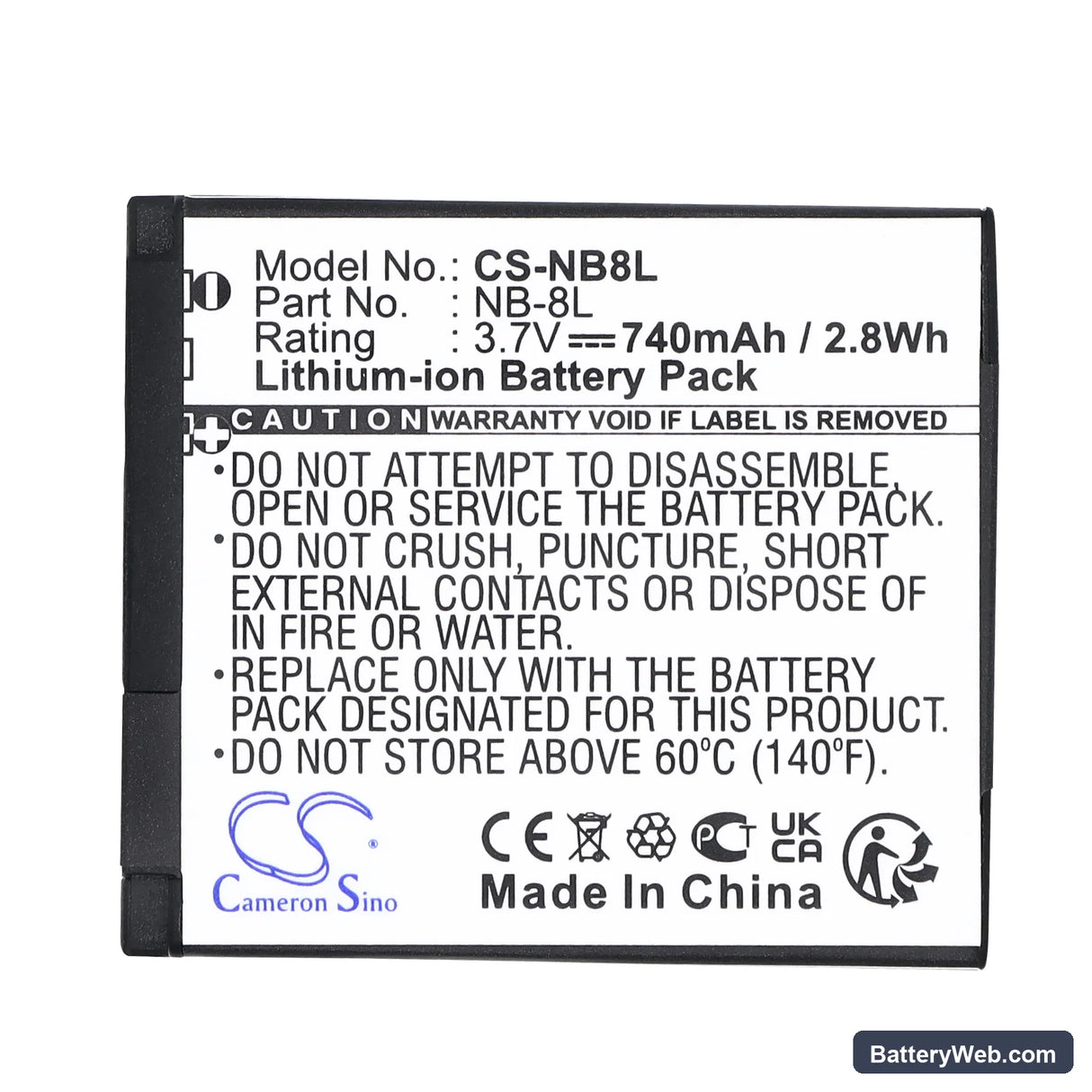 Canon PowerShot A3000 Replacement Battery, 3.7V, 740mAh, Li-ion 5