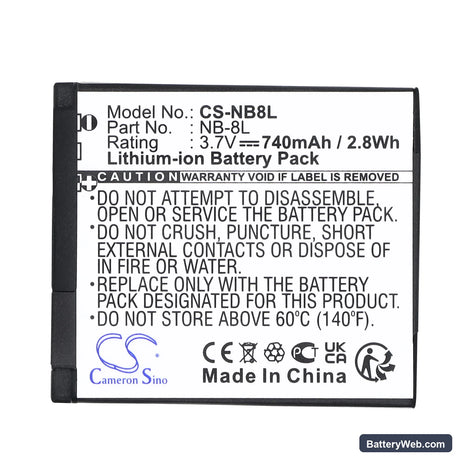 Canon PowerShot A3000 Replacement Battery, 3.7V, 740mAh, Li-ion 5