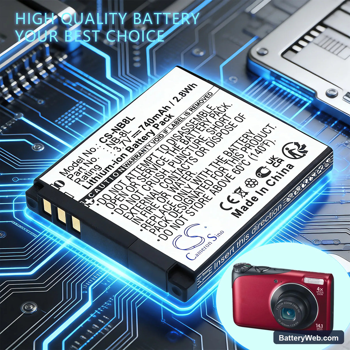 Canon PowerShot A3000 Replacement Battery, 3.7V, 740mAh, Li-ion 6