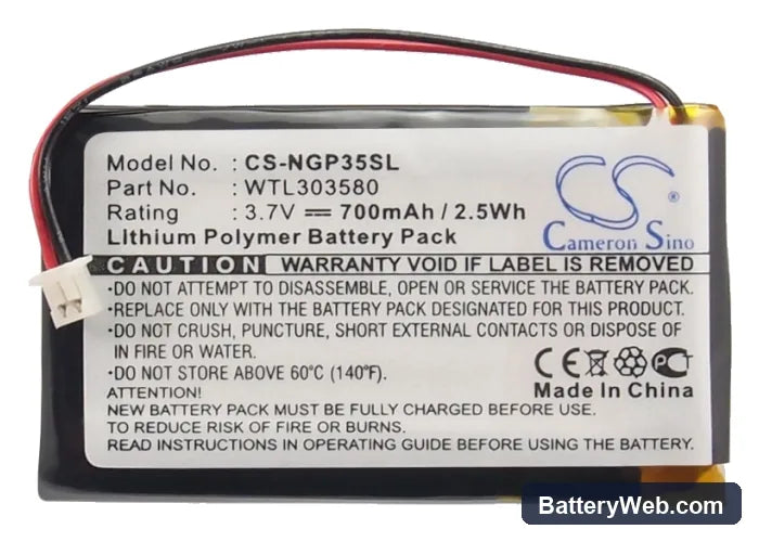 NavGear GT-35 3D Replacement Battery, 3.7V, 700mAh, Li-Polymer 5