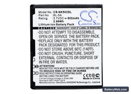 Nokia Asha 502 Replacement Battery, 3.7V, 800mAh, Li-ion 1