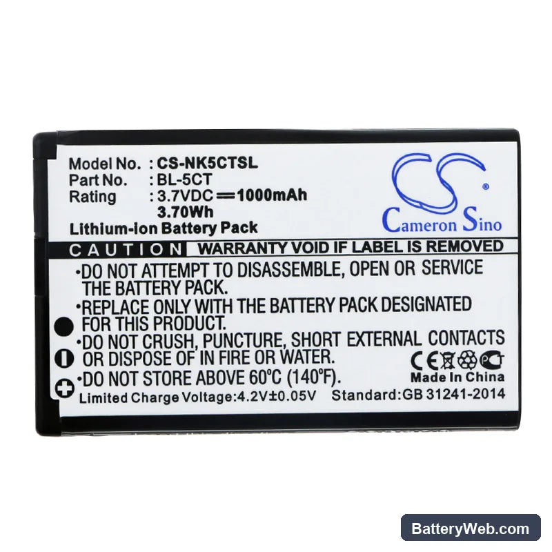 Nokia 5220 XpressMusic Replacement Battery, 3.7V, 1000mAh, Li-ion 3