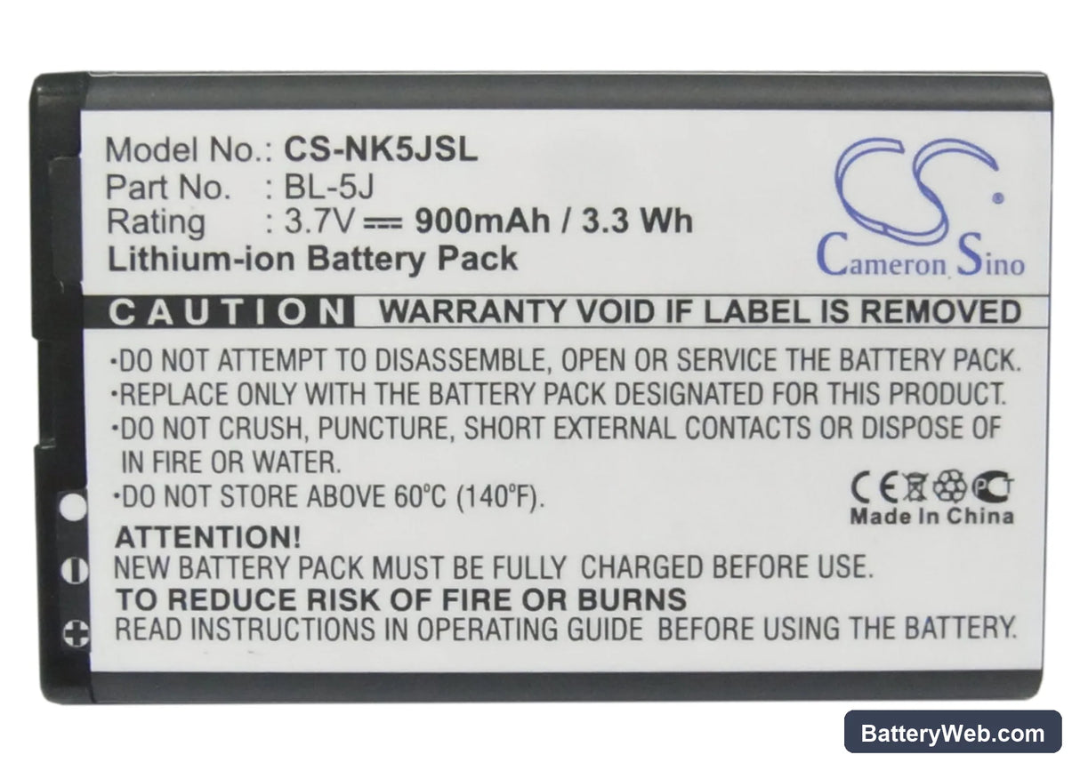 Nokia 5800 Replacement Battery, 3.7V, 900mAh, Li-ion 5
