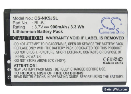 Nokia 5800 Replacement Battery, 3.7V, 900mAh, Li-ion 5