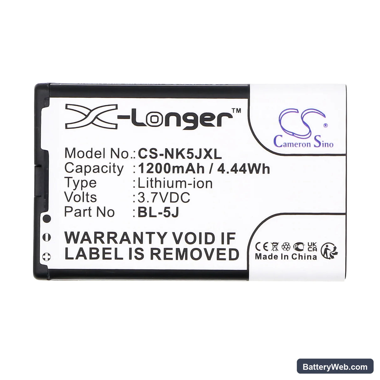 Nokia 5800 Replacement Battery, 3.7V, 1200mAh, Li-ion 5