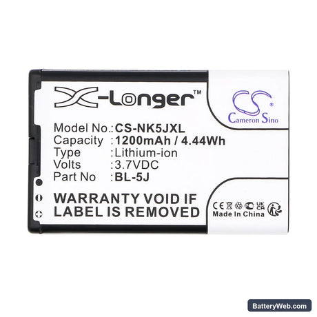 Nokia 5800 Replacement Battery, 3.7V, 1200mAh, Li-ion 5