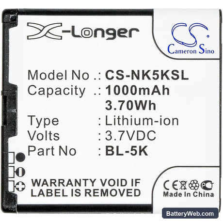 Nokia N85 Replacement Battery, 3.7V, 1000mAh, Li-ion 5