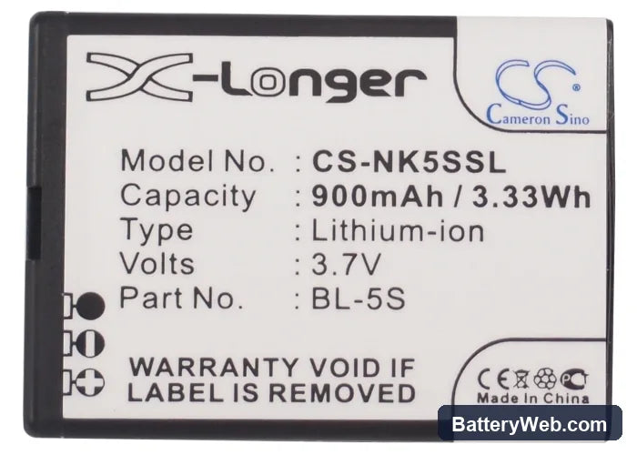 Nokia 2330 Replacement Battery, 3.7V, 900mAh, Li-ion 5