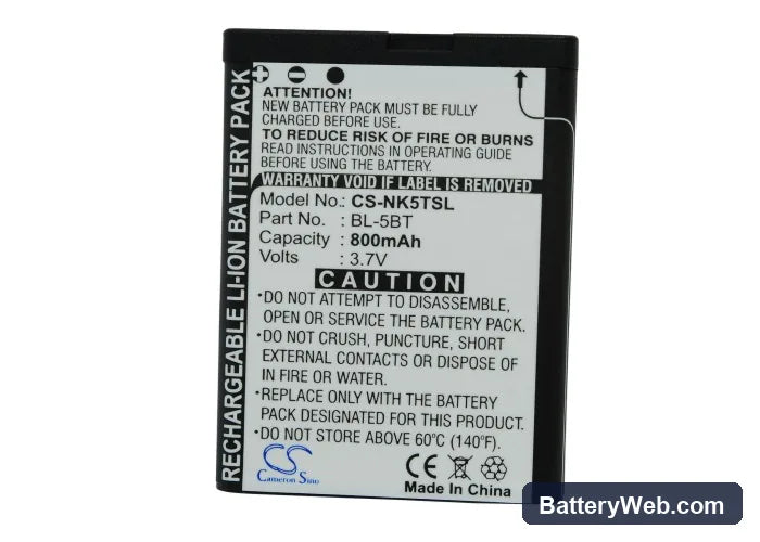Nokia N75 Replacement Battery, 3.7V, 800mAh, Li-ion 4