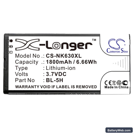 Nokia Lumia 630 Replacement Battery, 3.7V, 1800mAh, Li-ion 5