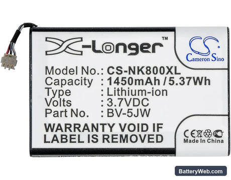 Nokia 800 Replacement Battery, 3.7V, 1450mAh, Li-ion 5