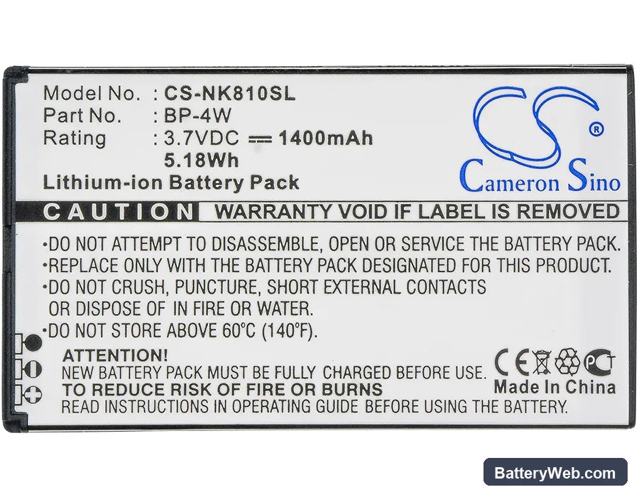 Nokia Lumia 810 Replacement Battery, 3.7V, 1400mAh, Li-ion 5
