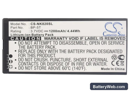 Nokia Lumia 820 Replacement Battery, 3.7V, 1200mAh, Li-ion 5