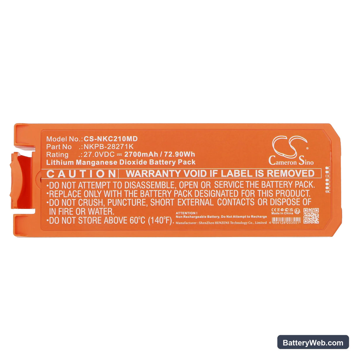 Nihon Kohden Cardiolife AED 2100 range Replacement Battery, 27V, 2700mAh, Li-MnO2 5