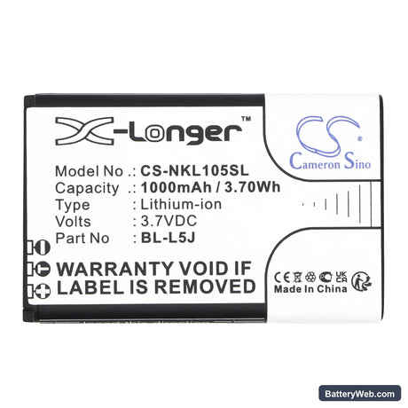 Nokia 105 2023 Replacement Battery, 3.7V, 1000mAh, Li-ion 5