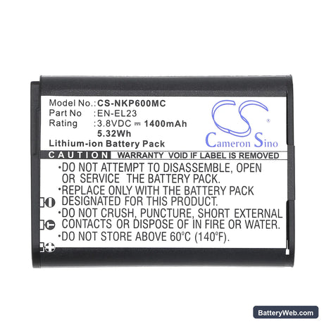 NiKon Coolpix P600 Replacement Battery, 3.8V, 1400mAh, Li-ion 4