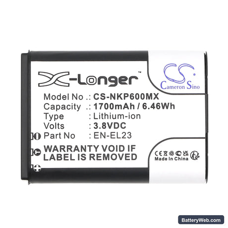 NiKon Coolpix P600 Replacement Battery, 3.8V, 1700mAh, Li-ion 4
