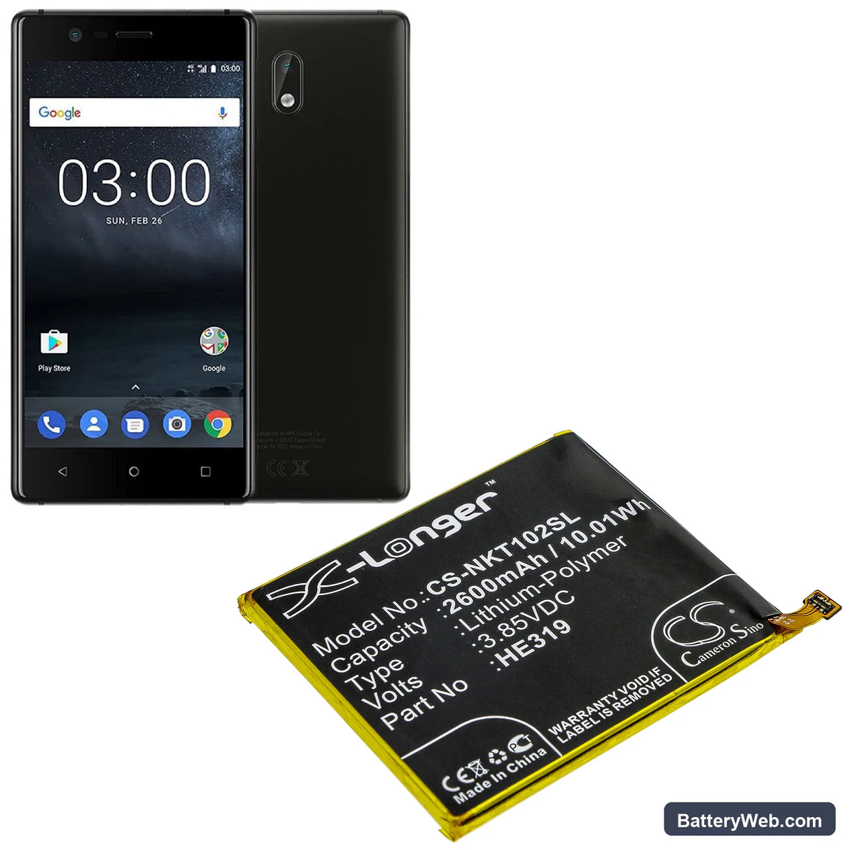 Nokia Nokia 3 Replacement Battery, 3.85V, 2600mAh, Li-Polymer 5